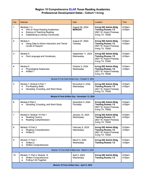 ELAR Cohort Calendar